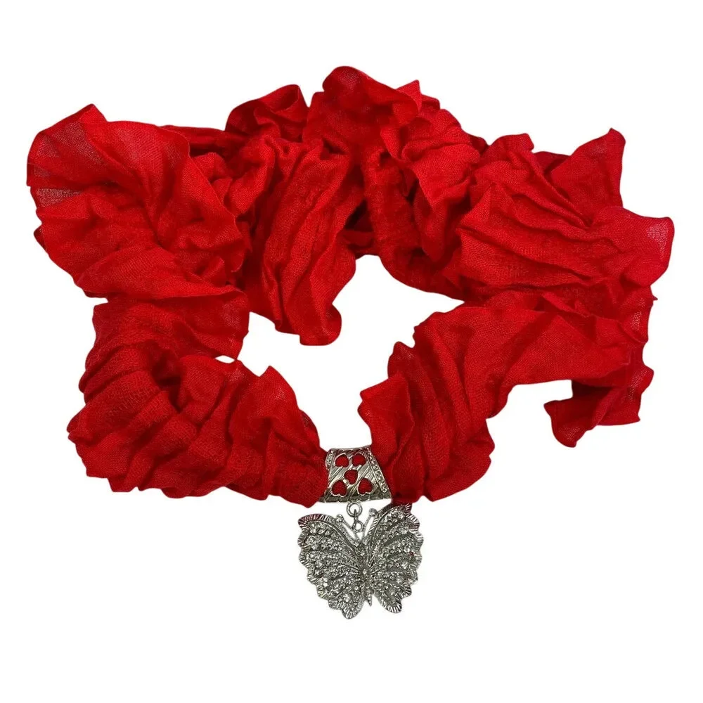 The Limited Red Acrylic Blend Ruffled Fashion Scarf w Rhinestone Butterfly Slide
